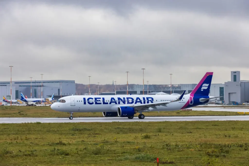 Icelandair Airbus A321LR aircraft taxiing on an airport