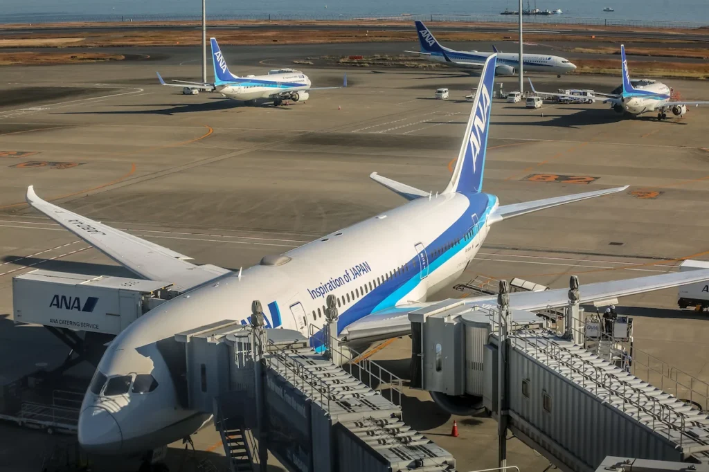ANA Boeing 787 Dreamliner airplane parked at an airport terminal gate