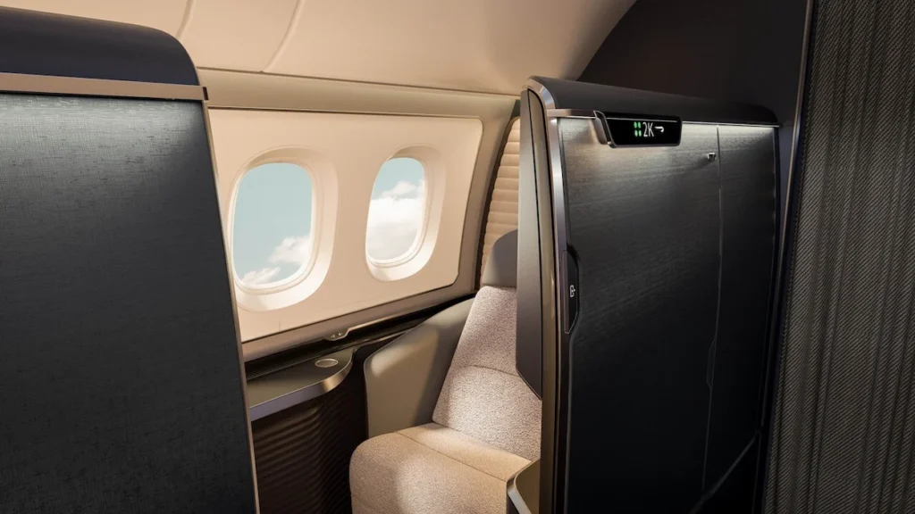 Luxury British Airways first-class window suite featuring dark privacy panels