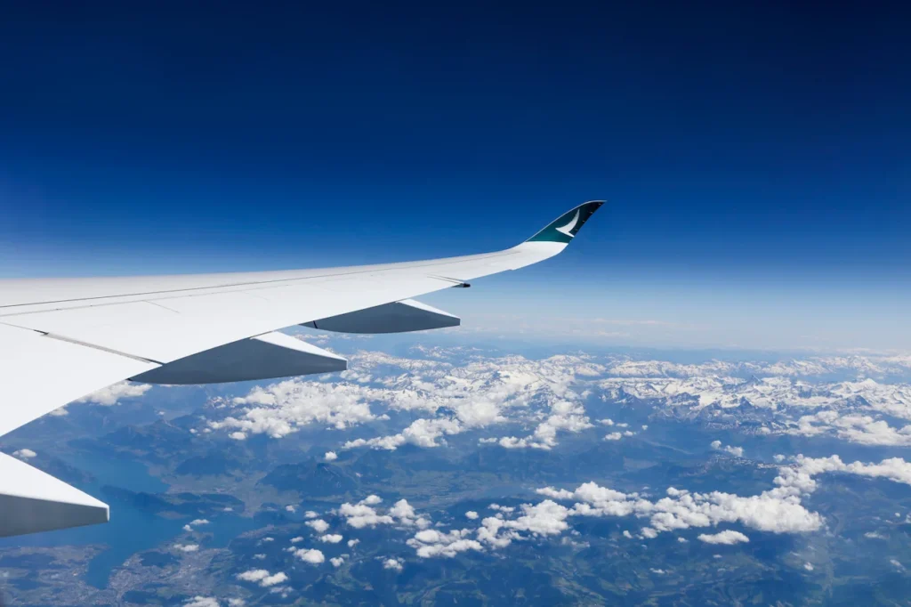 Cathay Pacific Airbus A350 in flight, showing its winglet