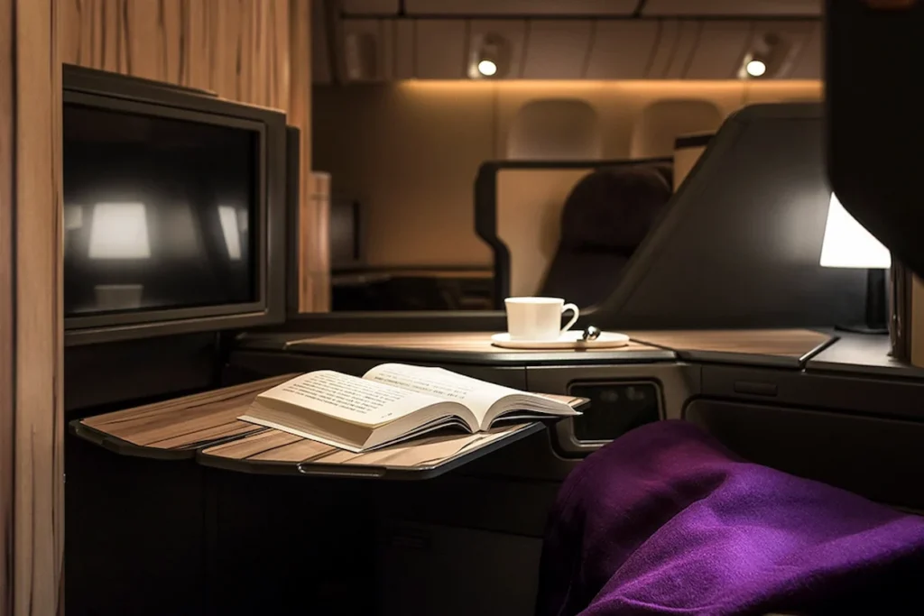 China Airlines Premium Business Class cabin with a warm, library-inspired ambiance