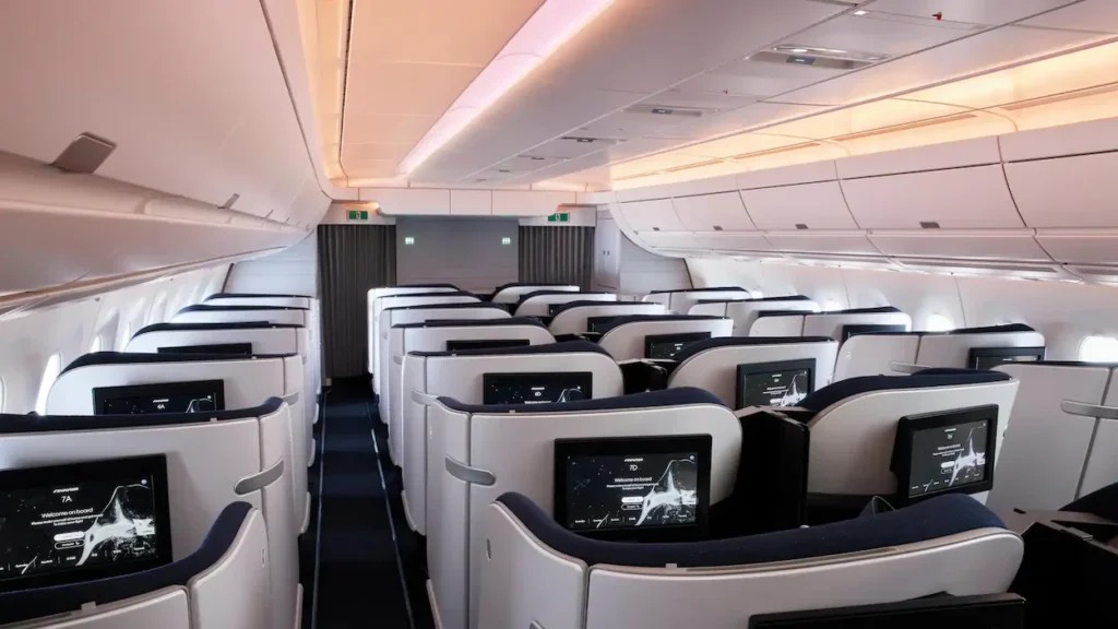 Finnair long-haul business class cabin with a spacious 1-2-1 seating layout