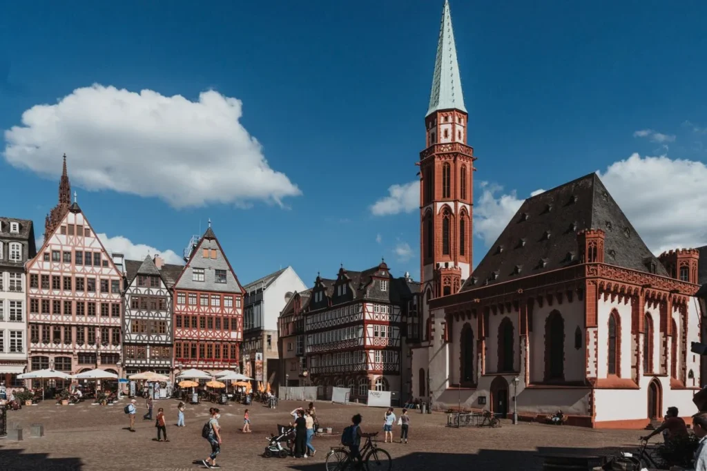 Old St. Nicholas Church and timber-framed buildings at Römerberg square in Frankfurt