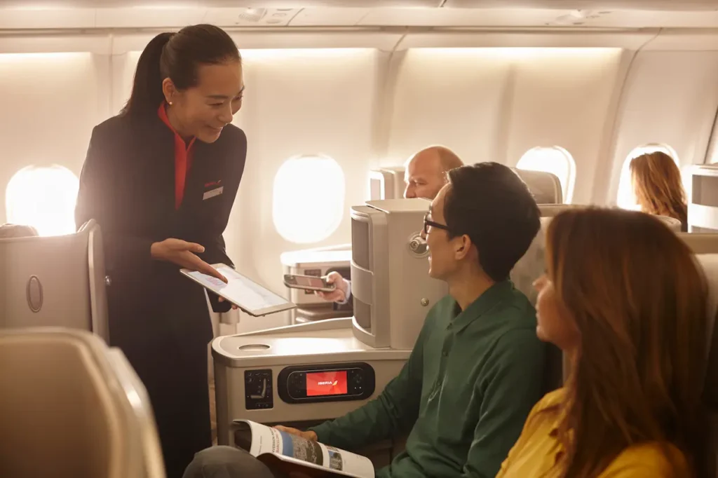 Iberia business class cabins feature spacious, private seating rows