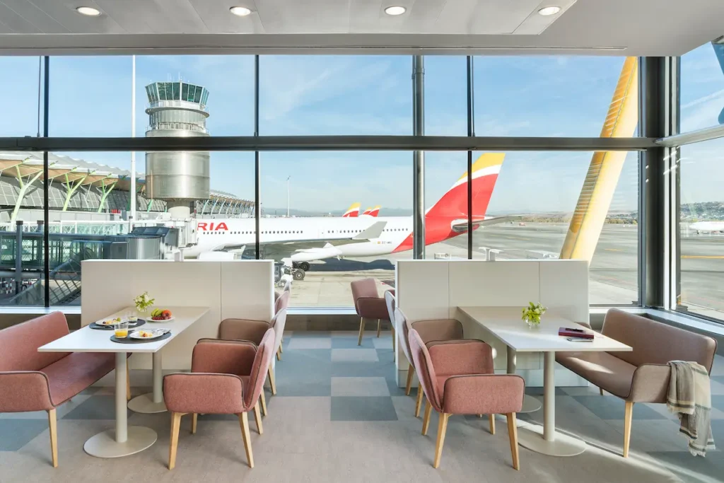 Iberia business class lounges with direct views of the airport tarmac