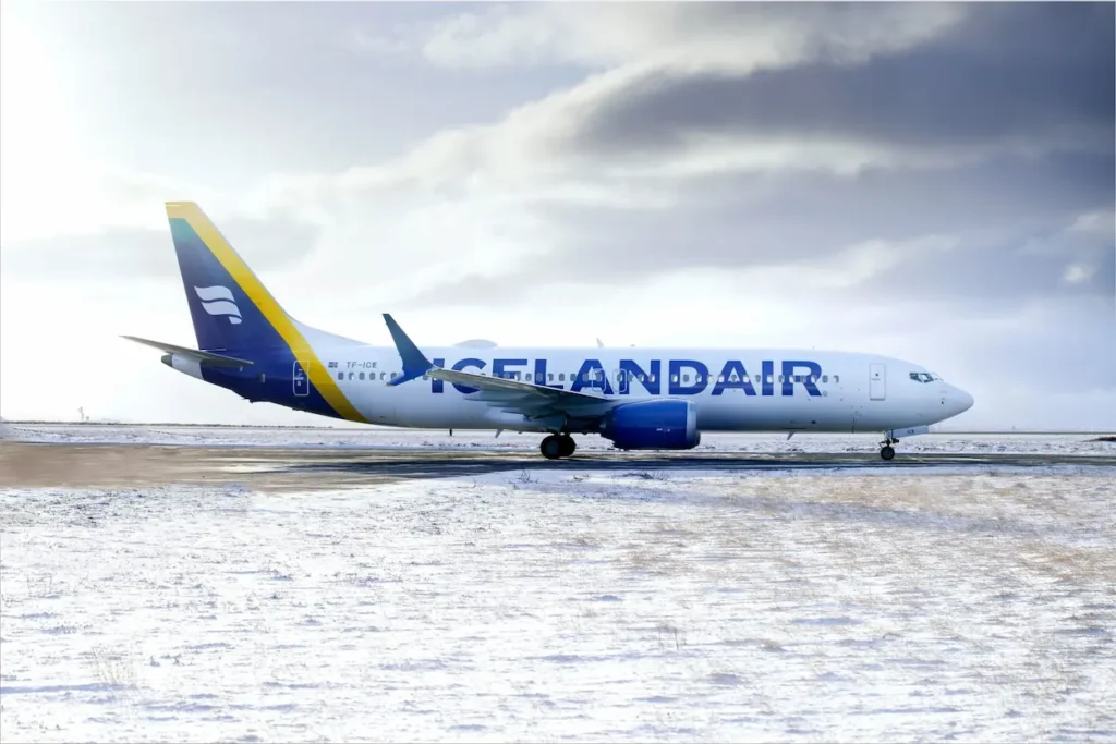 Icelandair Boeing 737 MAX 8 on the ground at a wintery airport