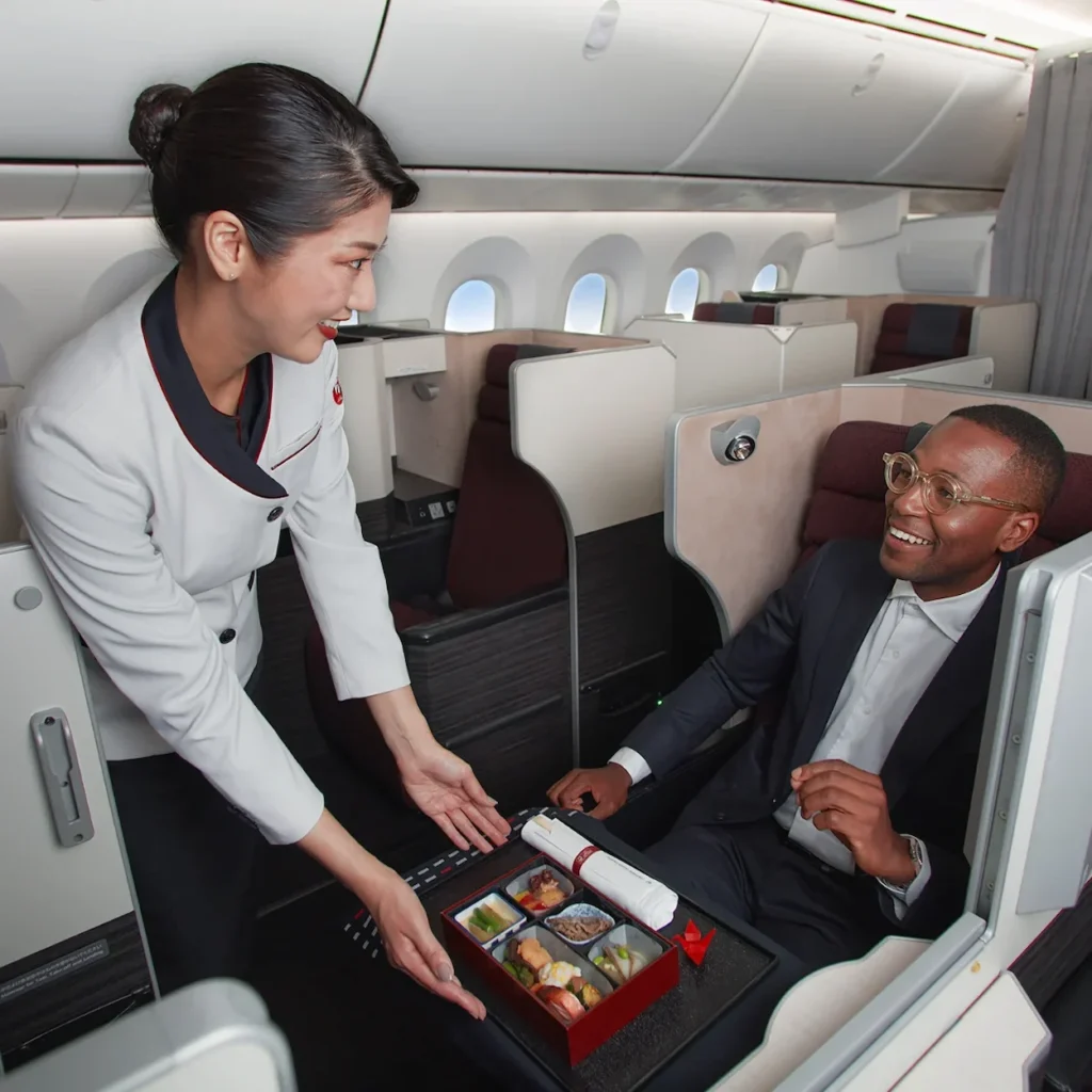 Japan Airlines flight attendant serving a bento meal box to a business class passenger in his suite