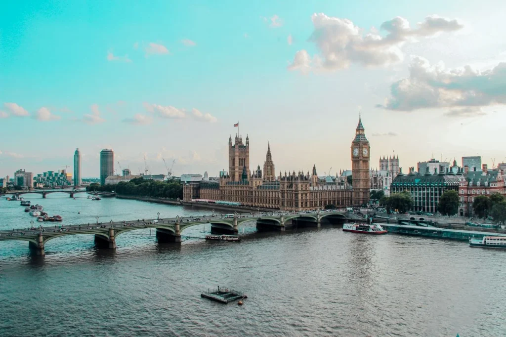 Aerial view of the Palace of Westminster and Big Ben alongside Westminster Bridge over the River Thames