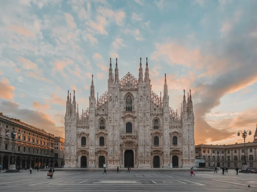 The gothic Milan Cathedral facade in Piazza del Duomo