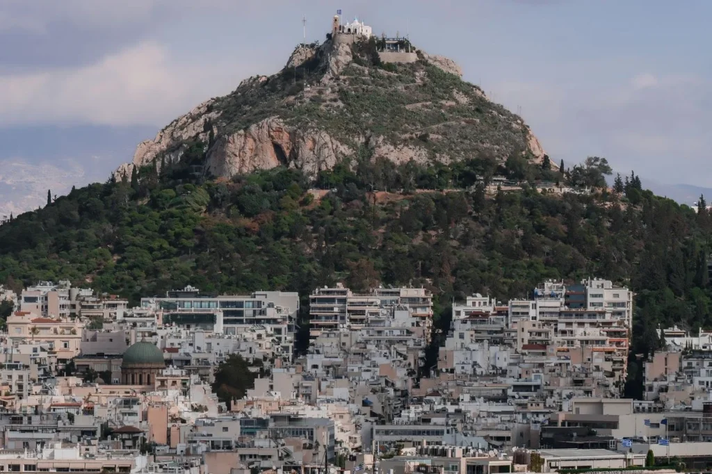 Mount Lycabettus rising above the buildings of Athens