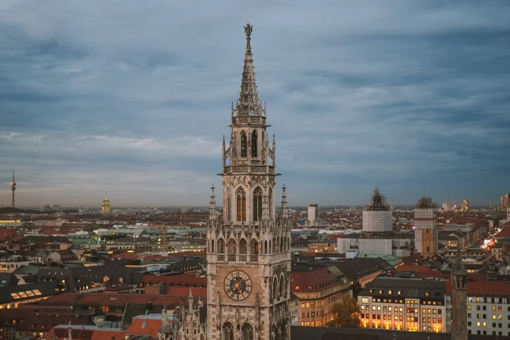 The ornate gothic tower of the New Town Hall overlooking Munich's cityscape