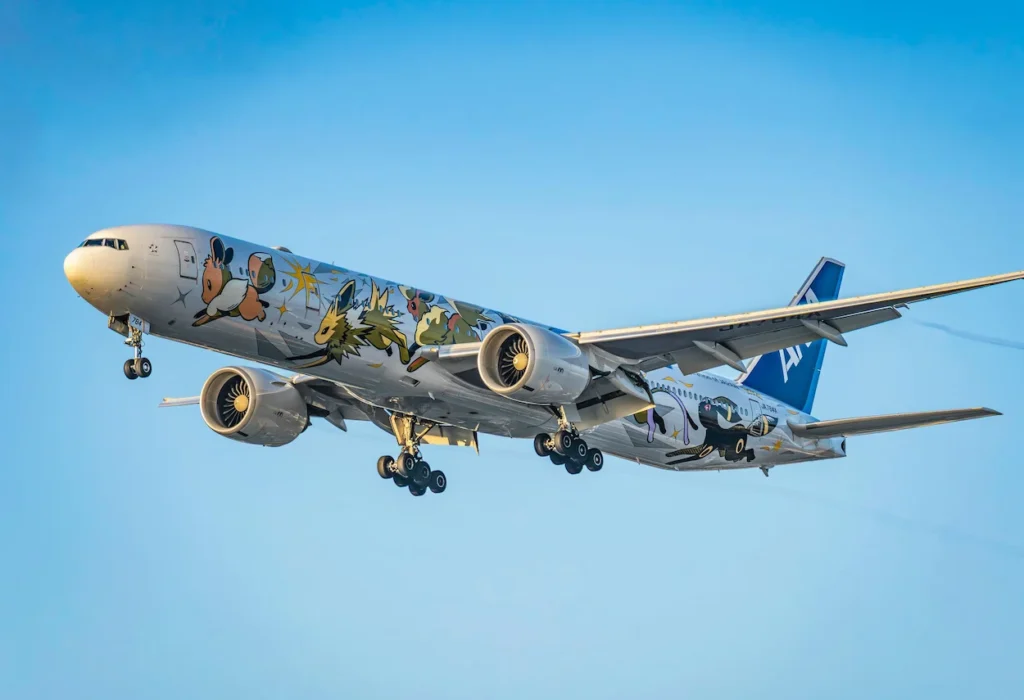 ANA Boeing 777-300ER in Pokémon Eevee livery landing