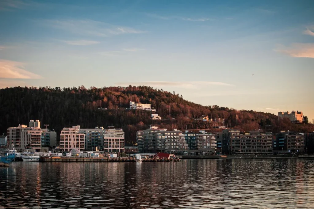 Sørenga neighborhood in Oslo below Ekeberg hill