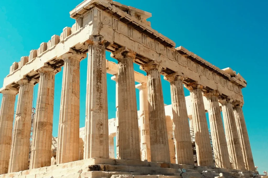 The ancient marble columns of the Parthenon at the Acropolis of Athens
