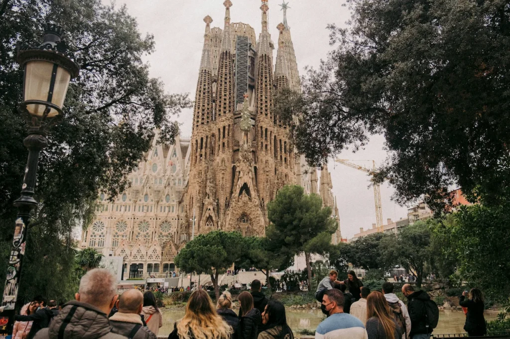 The towering spires and detailed facades of the Sagrada Familia basilica in Barcelona