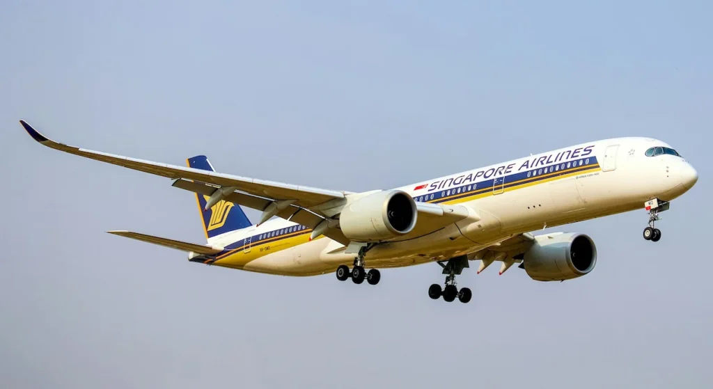 Singapore Airlines Airbus A350 passenger airplane flying in a clear sky