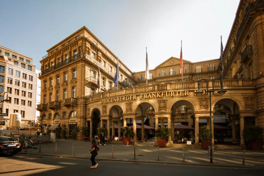The grand facade of the Steigenberger Frankfurter Hof hotel in Frankfurt