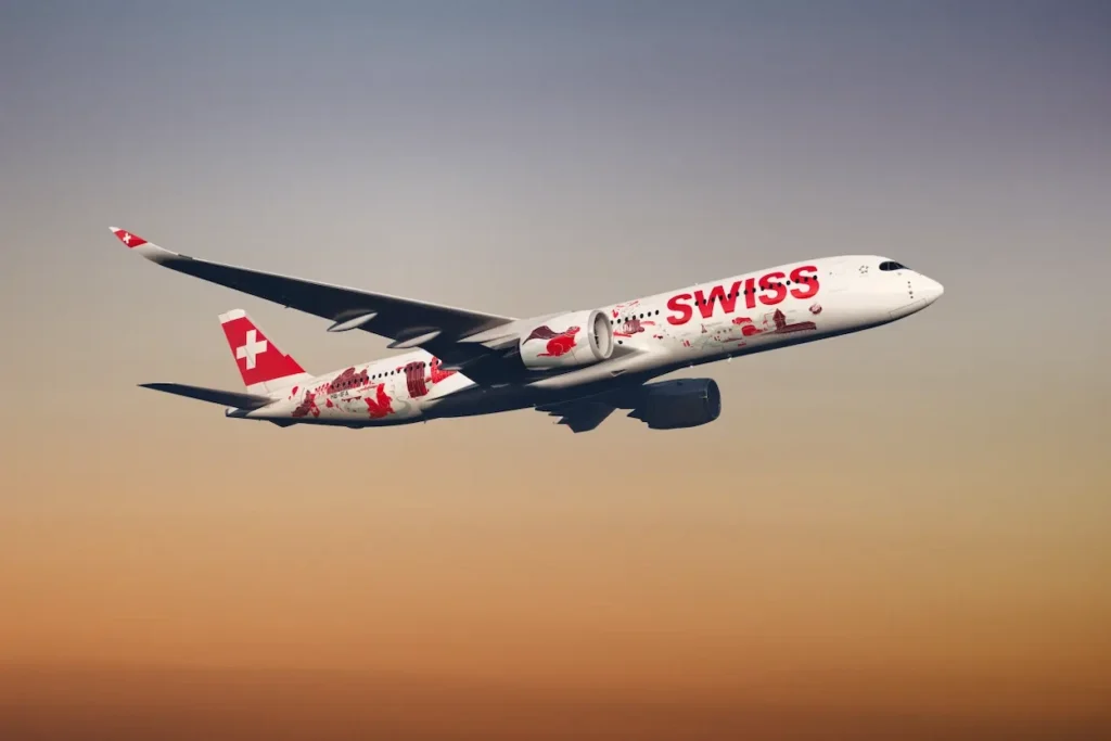 SWISS long-haul flight heading into the sunset