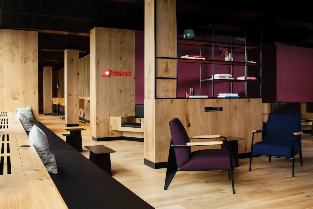 Interior seating area of the SWISS Non-Schengen Lounge