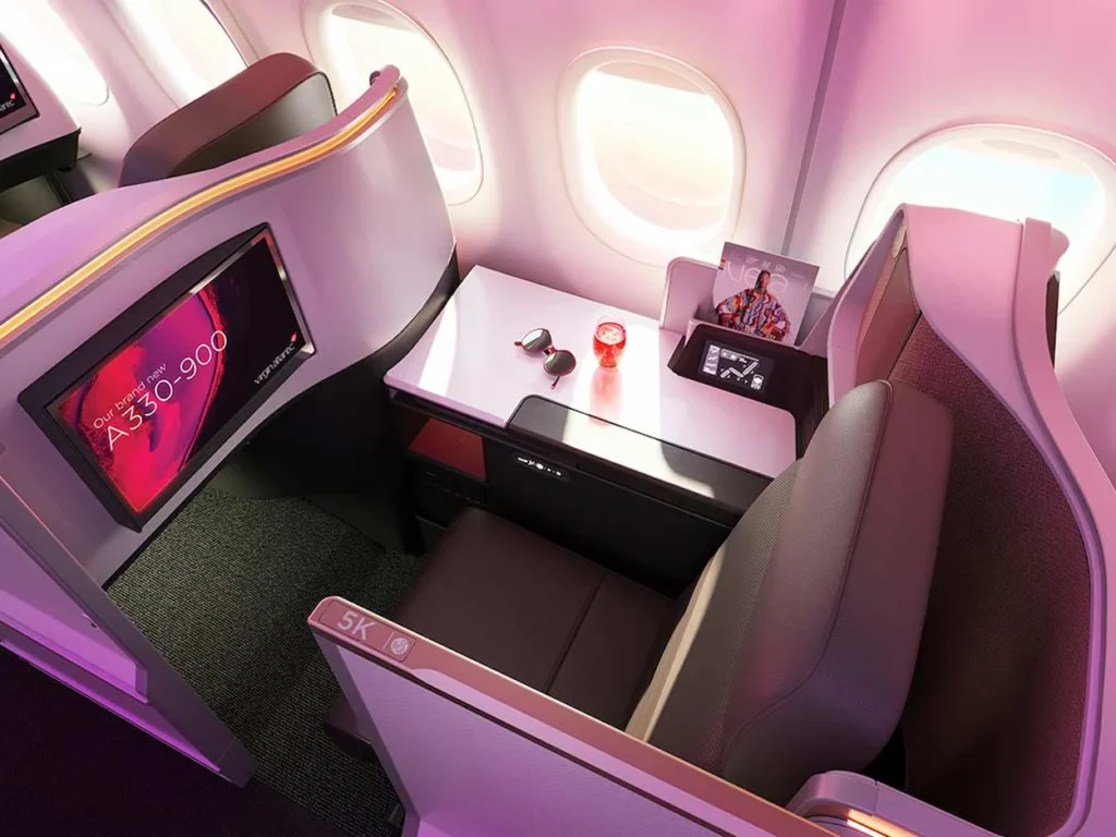 Virgin Atlantic Airbus A330-900 Upper Class window suite 5K featuring a large screen and pink mood lighting