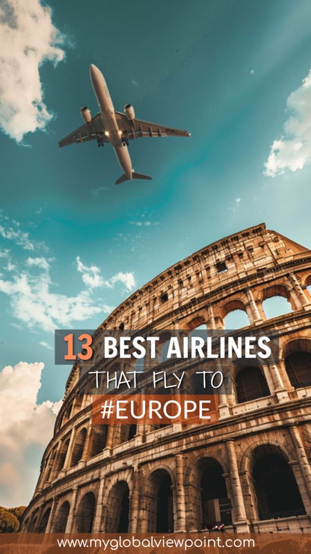 European airlines that fly to Europe from the US overlay on an image of an airline flying over Rome
