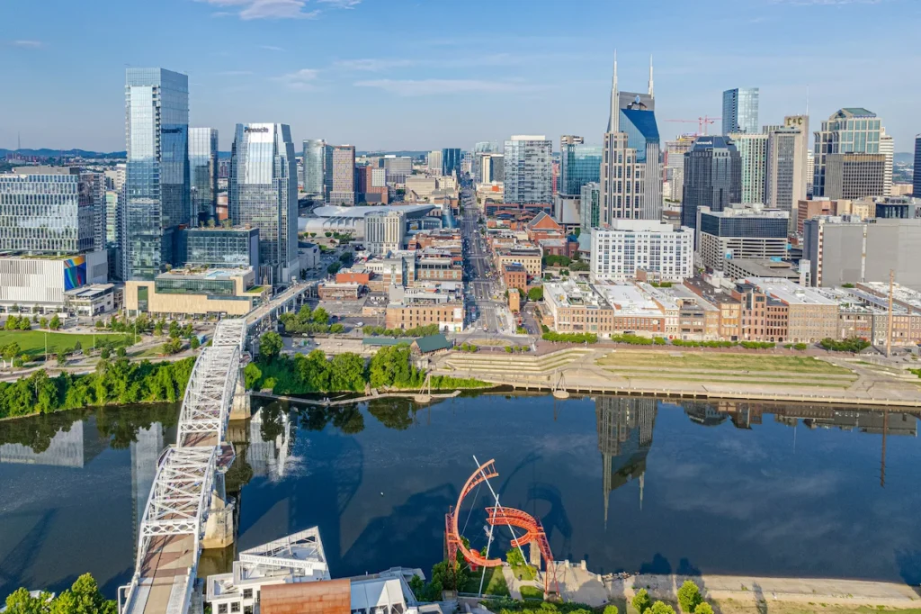 Aerial view of the Nashville skyline and the Broadway district