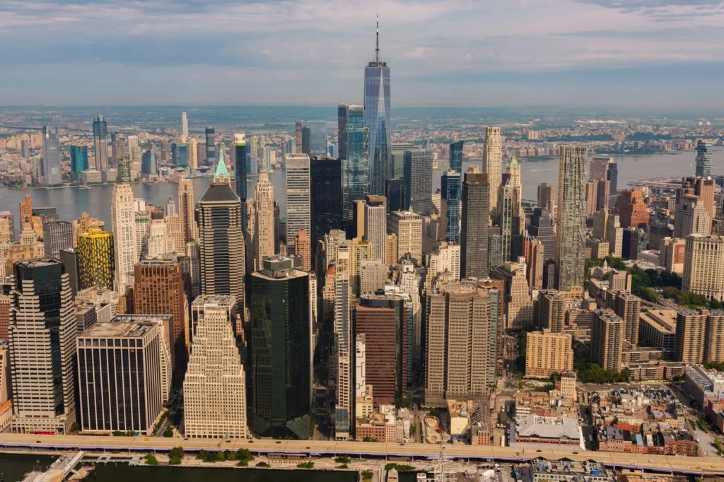 Aerial view of the Lower Manhattan skyline featuring One World Trade Center