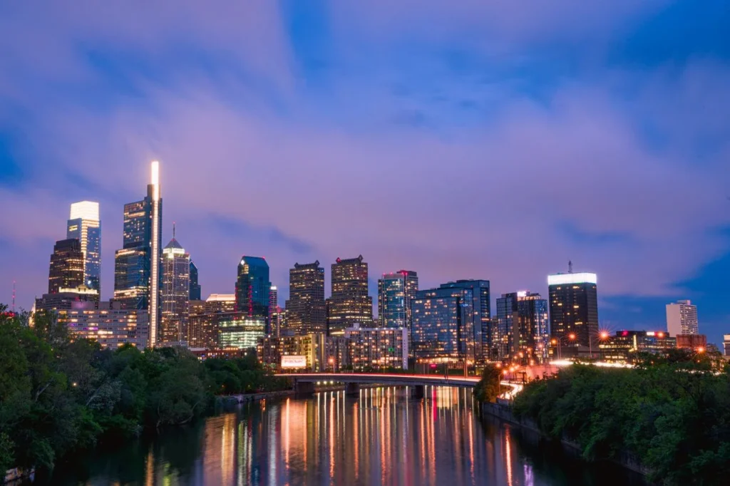 Philadelphia skyline at night reflecting in the Schuylkill River