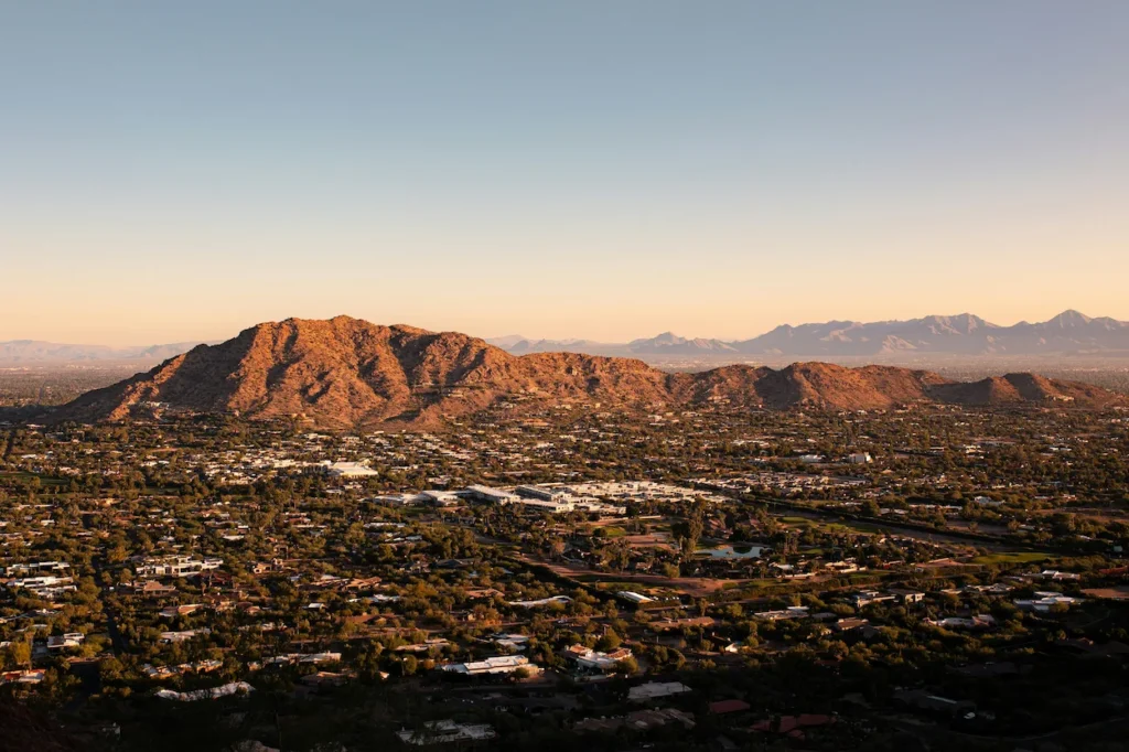 High-angle view of Camelback Mountain and the surrounding valley in Phoenix, Arizona