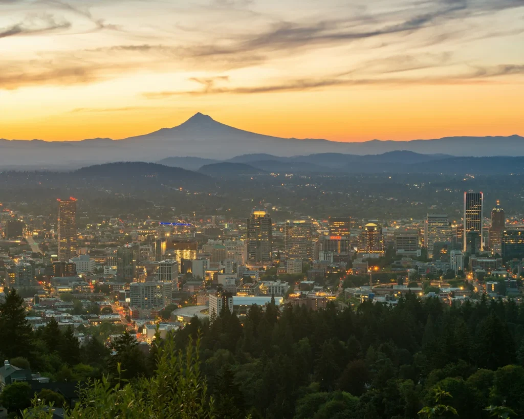 Portland skyline at dawn with Mount Hood in the background