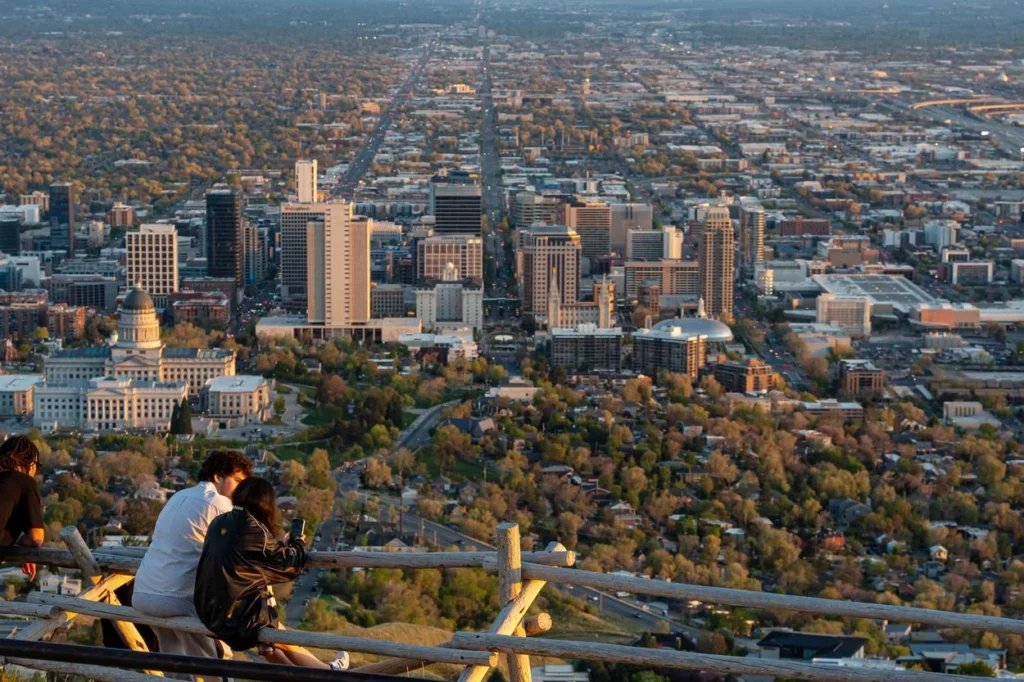 View of the Utah State Capitol building and Salt Lake City from Ensign Peak