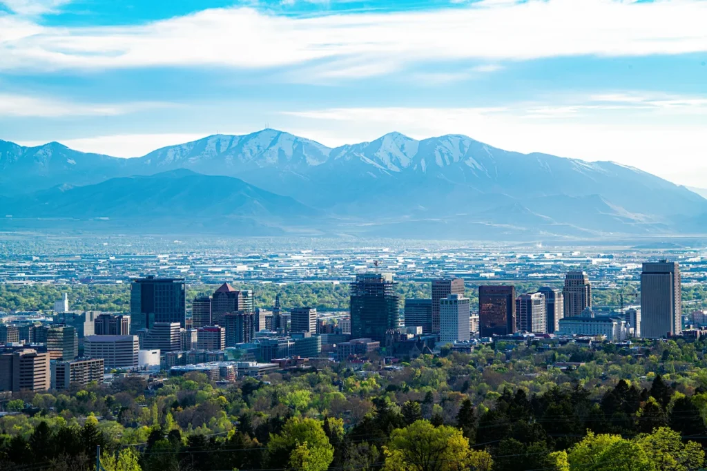 Salt Lake City skyline with mountains in the background