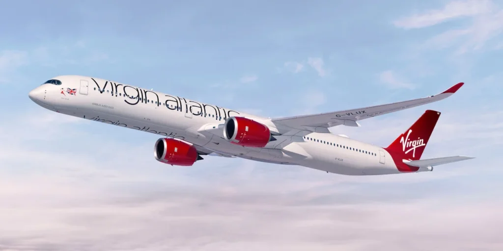 A Virgin Atlantic passenger plane flying through the sky