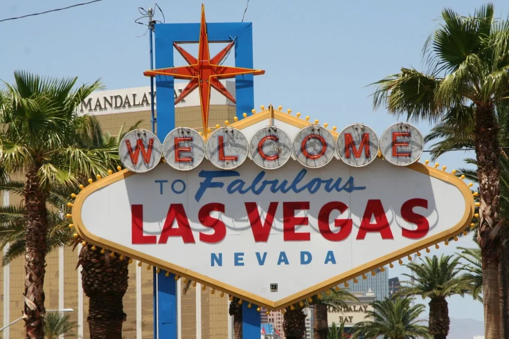 The iconic Welcome to Fabulous Las Vegas sign with palm trees
