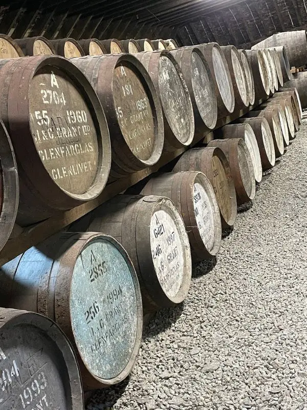 Rows of whisky barrels at The Scotch Whisky Experience.
