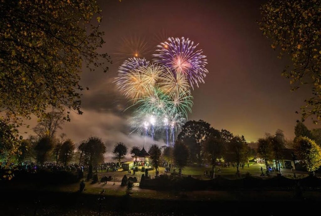 King Coel's Kittens firework display lighting up the night sky above a park crowd.
