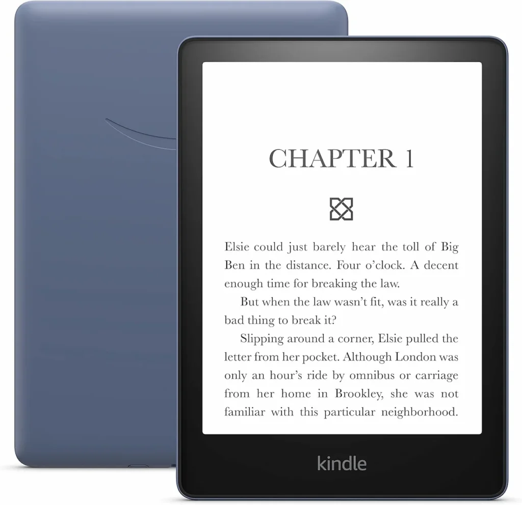Front and back view of a denim blue Kindle Paperwhite displaying a "CHAPTER 1" page