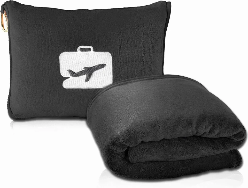Folded black plush fleece travel blanket with a matching zippered carrying case