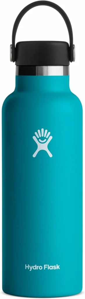 Front view of a Laguna turquoise Hydro Flask water bottle with a black carrying strap lid