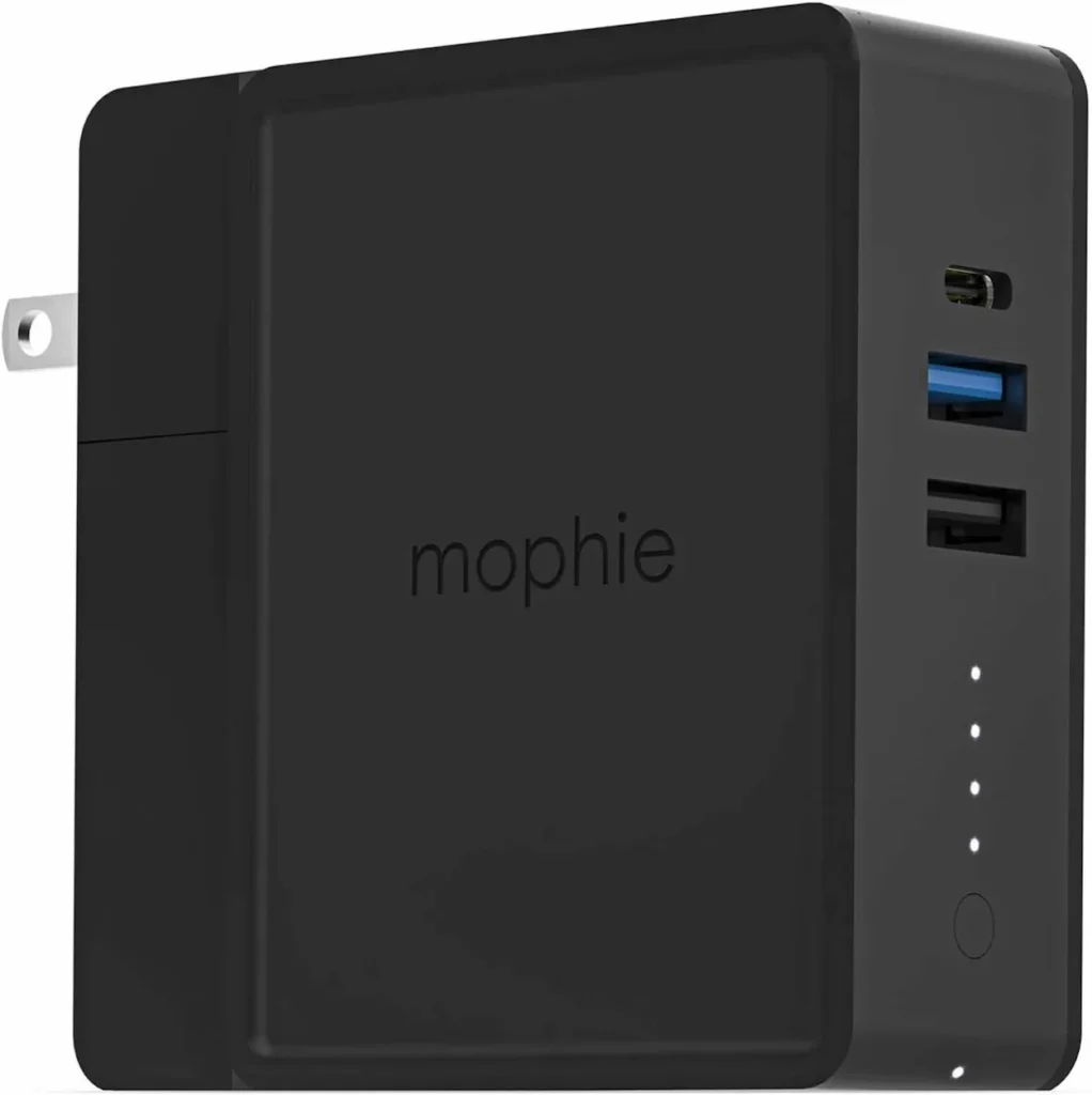 Matte black mophie powerstation hub wall charger and power bank with USB ports and LED battery indicators