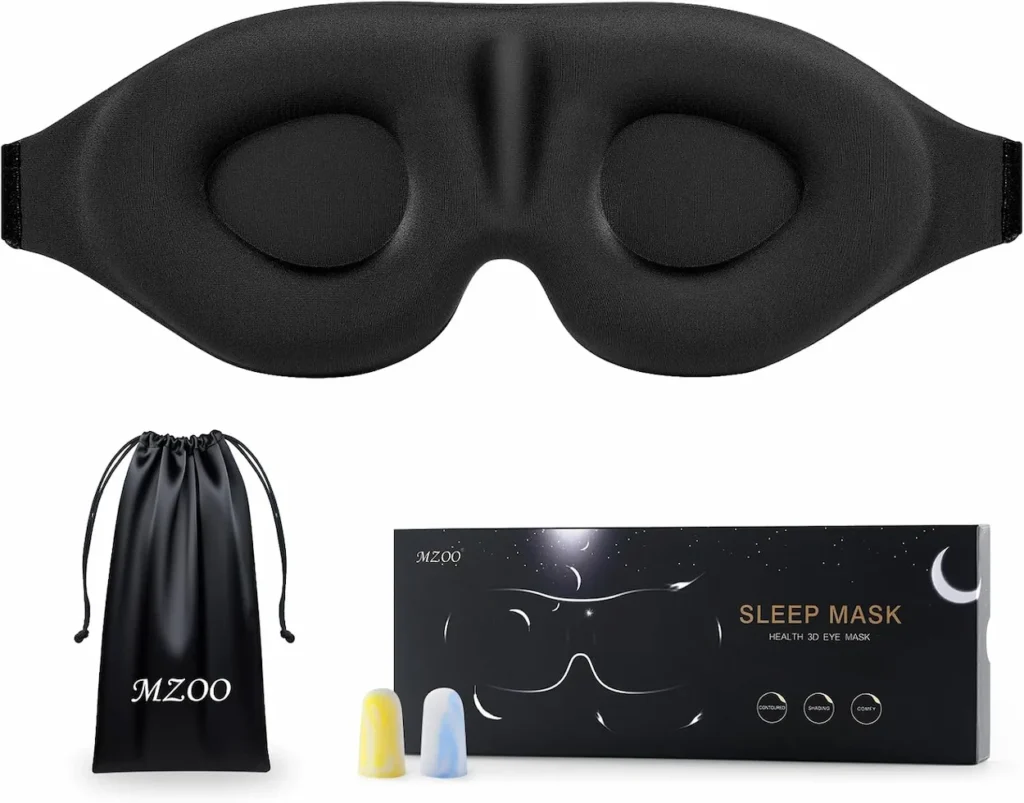 Black MZOO 3D contoured sleep mask with a satin pouch, foam earplugs, and branded retail packaging