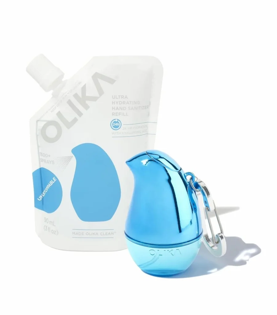90ml OLIKA hand sanitizer refill pouch with a bird-shaped spray bottle and keychain clip