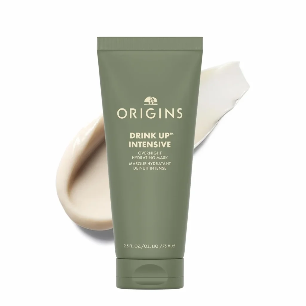 An olive green tube of Origins Drink Up™ Intensive Overnight Hydrating Mask in a 75ml size