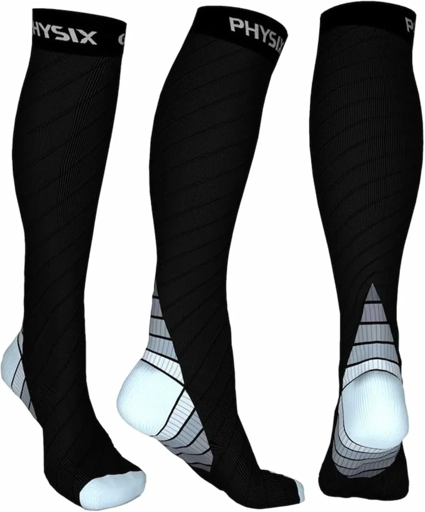 Three views of black Physix Gear Sport knee-high compression socks