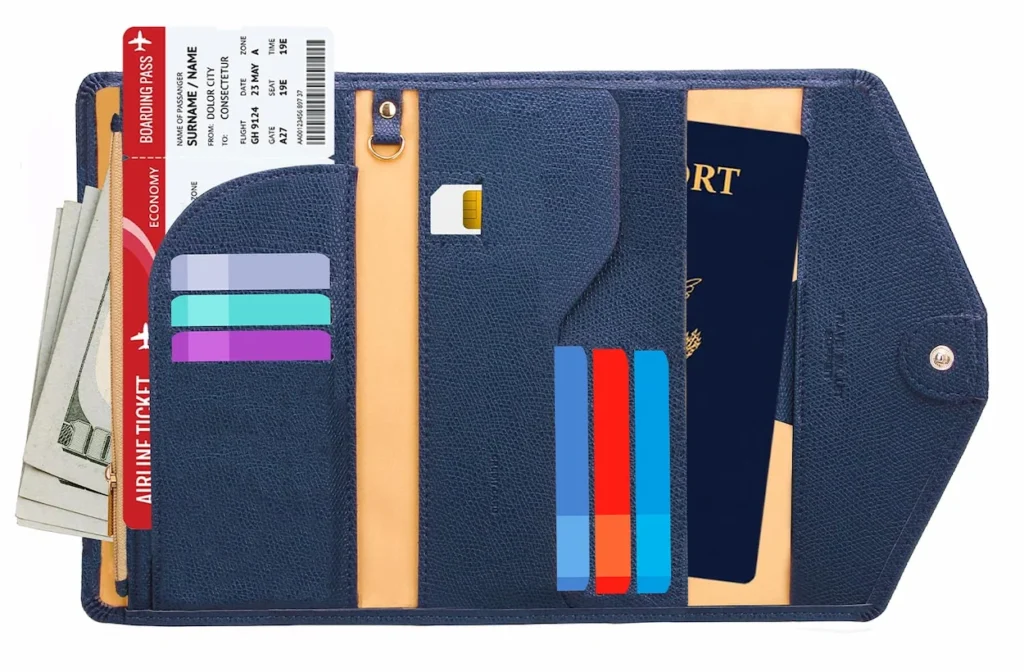 Open navy leather trifold travel organizer with a passport, boarding pass, cash, and cards