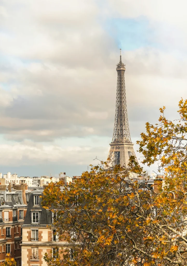 Eiffel Tower rising above colorful autumn trees in Paris