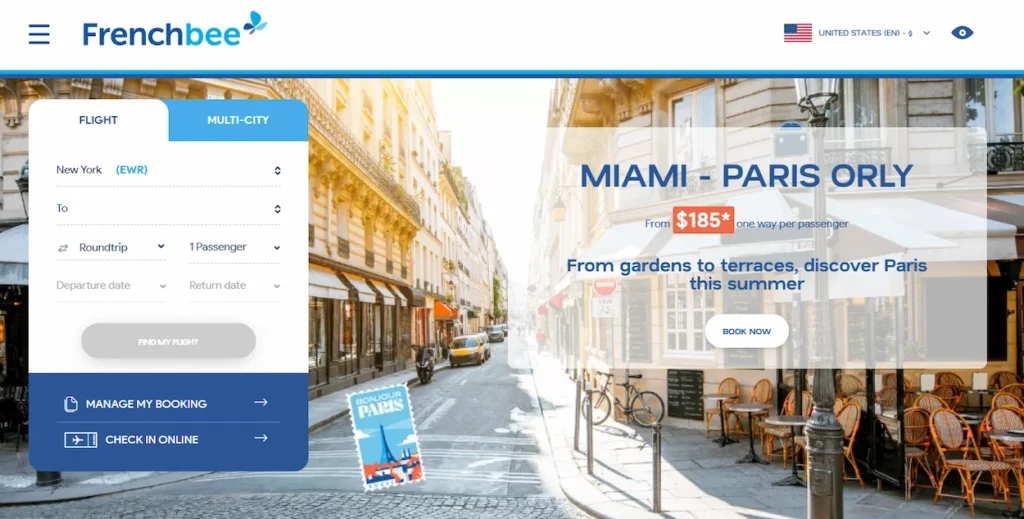 The French bee airlines homepage showing a flight booking widget and a Miami to Paris travel deal