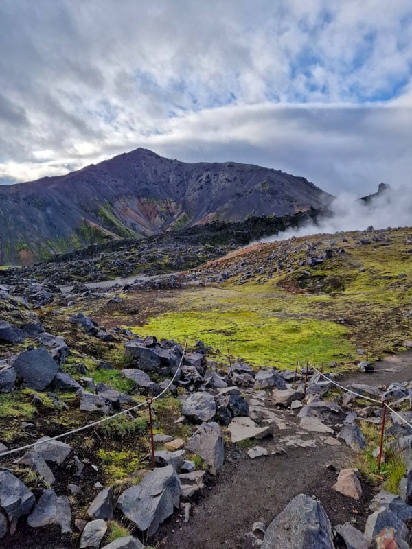 Image showing the Laugavegur Trail with vibrant mountains, black sand deserts, and lush valleys.