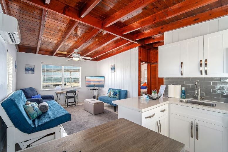 Waterfront view from the living room and kitchen area