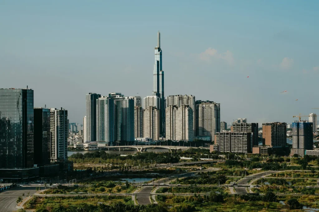 The landmark 81 skyscraper towering over surrounding high-rise buildings in Ho Chi Minh City